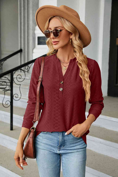 Notched Neck Long Sleeve Buttoned Blouse