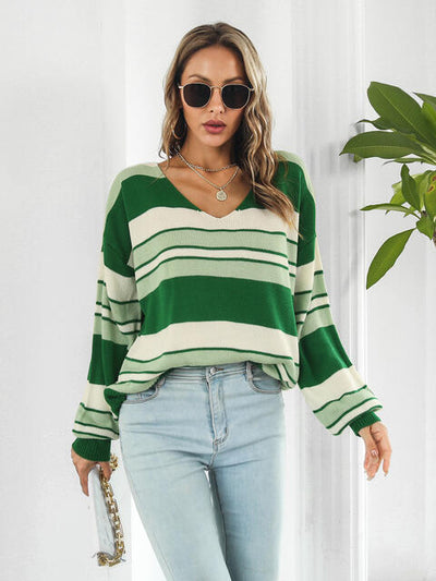 Striped V-Neck Long Sleeve Knit Top