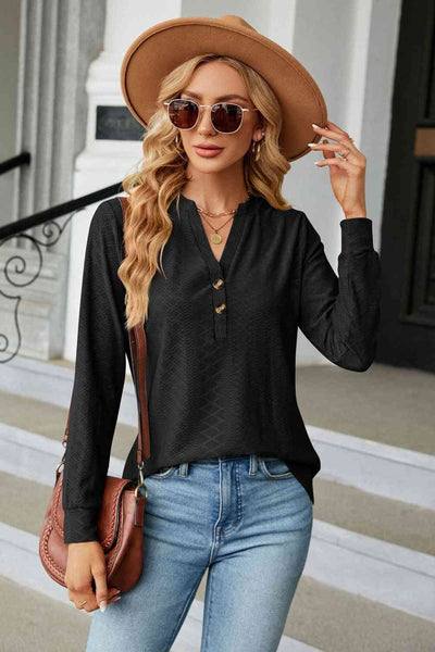 Notched Neck Long Sleeve Buttoned Blouse