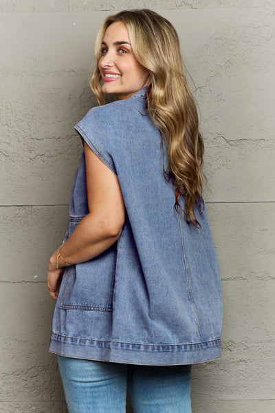 Collared Neck Sleeveless Denim Top with Pockets