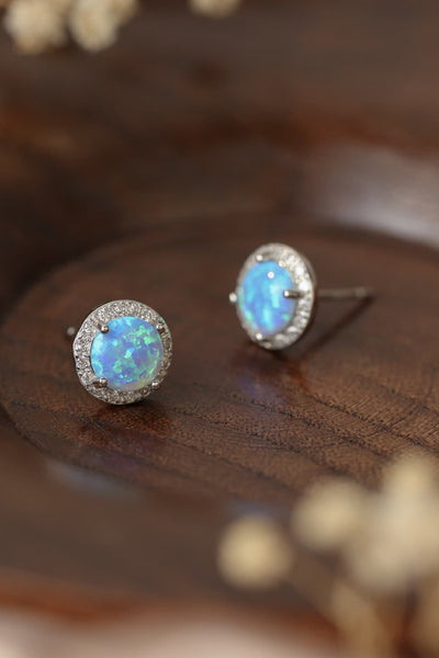 925 Sterling Silver Platinum-Plated Opal Round Stud Earrings