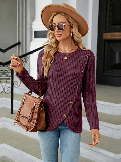 Round Neck Ribbed Button Detail Blouse