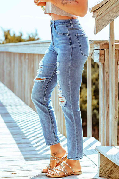 Baeful Distressed Ankle-Length Straight Leg Jeans