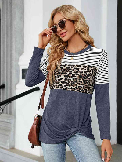 Color Block Round Neck Long Sleeve Blouse