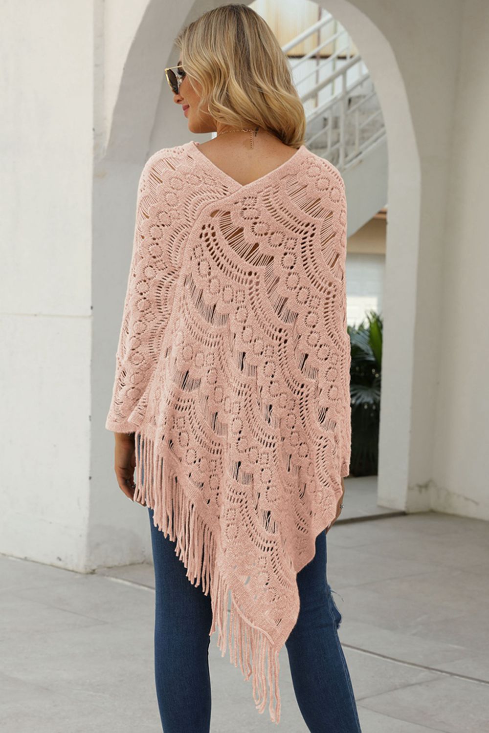 Fringe V-Neck Knit Poncho