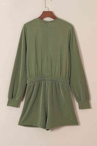 Drawstring Round Neck Long Sleeve Romper