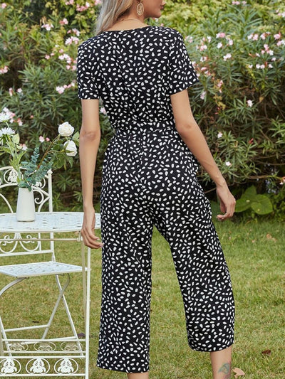 Printed V-Neck Short Sleeve Jumpsuit