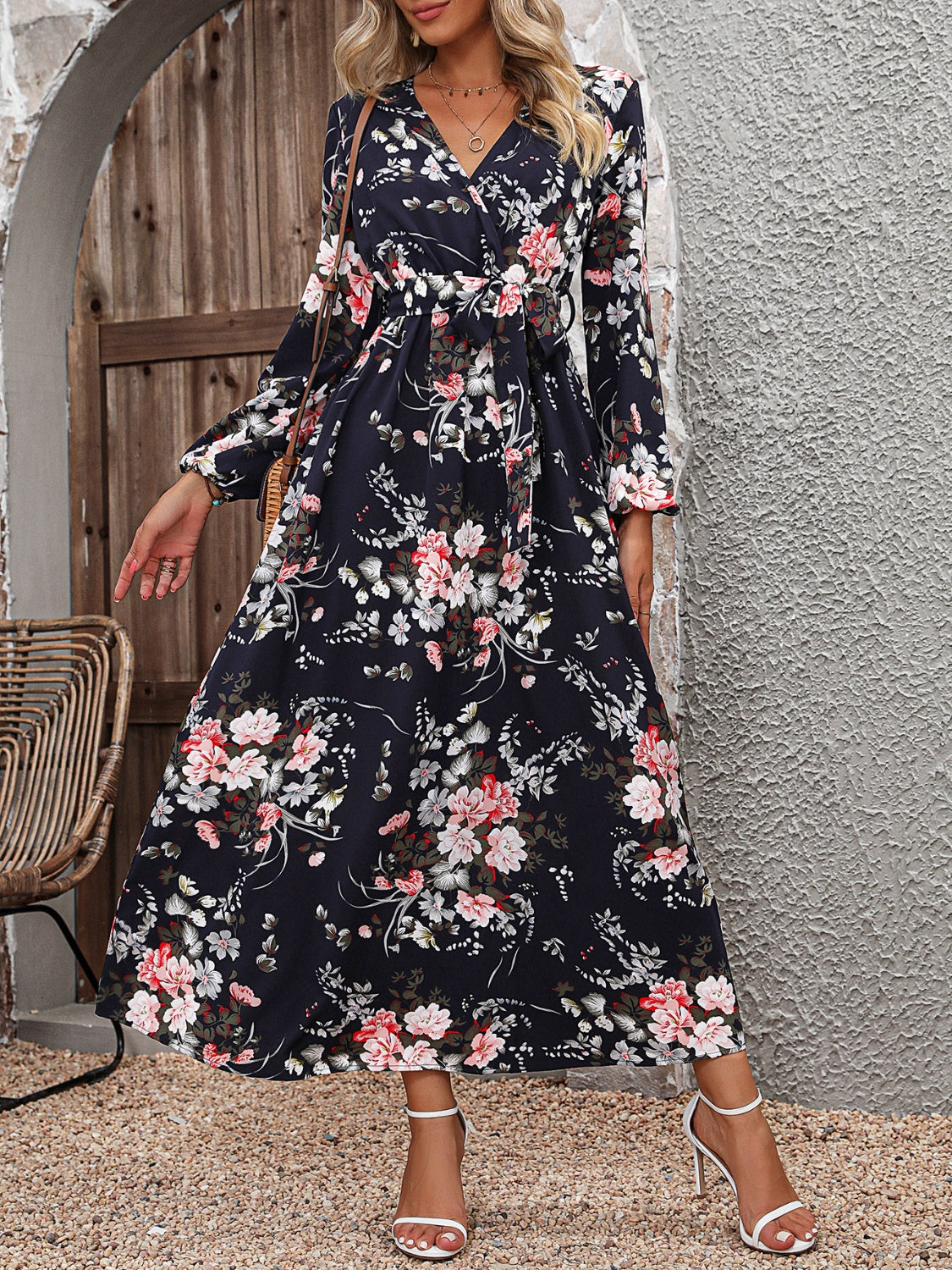 Floral Long Sleeve Surplice Neck Dress