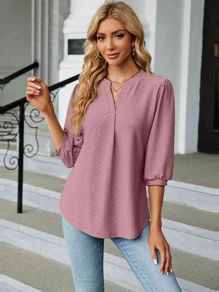 Notched Neck Three-Quarter Sleeve Blouse