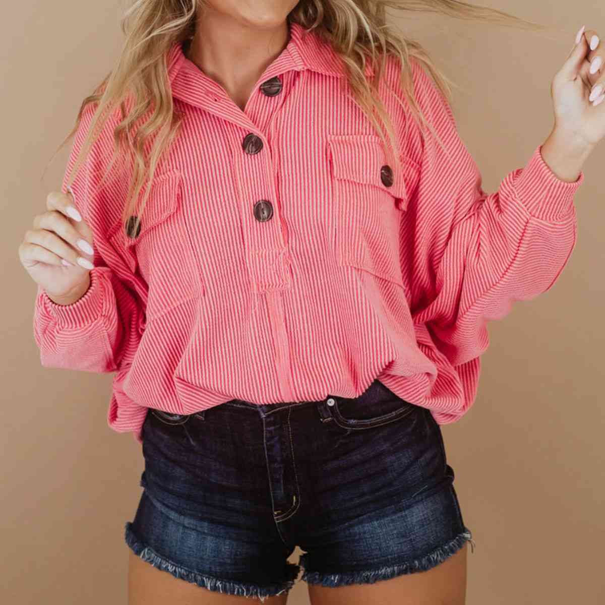 Plus Size Collared Neck Half Button Top