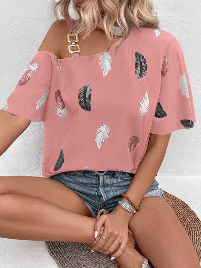 Asymmetrical One Shoulder Short Sleeve Printed Blouse