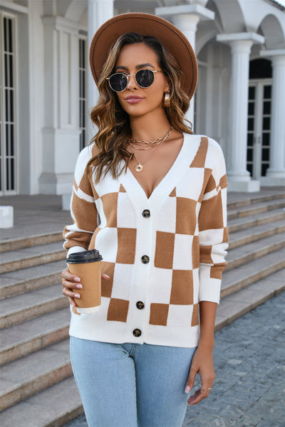 Button-Up Plaid V-Neck Dropped Shoulder Cardigan