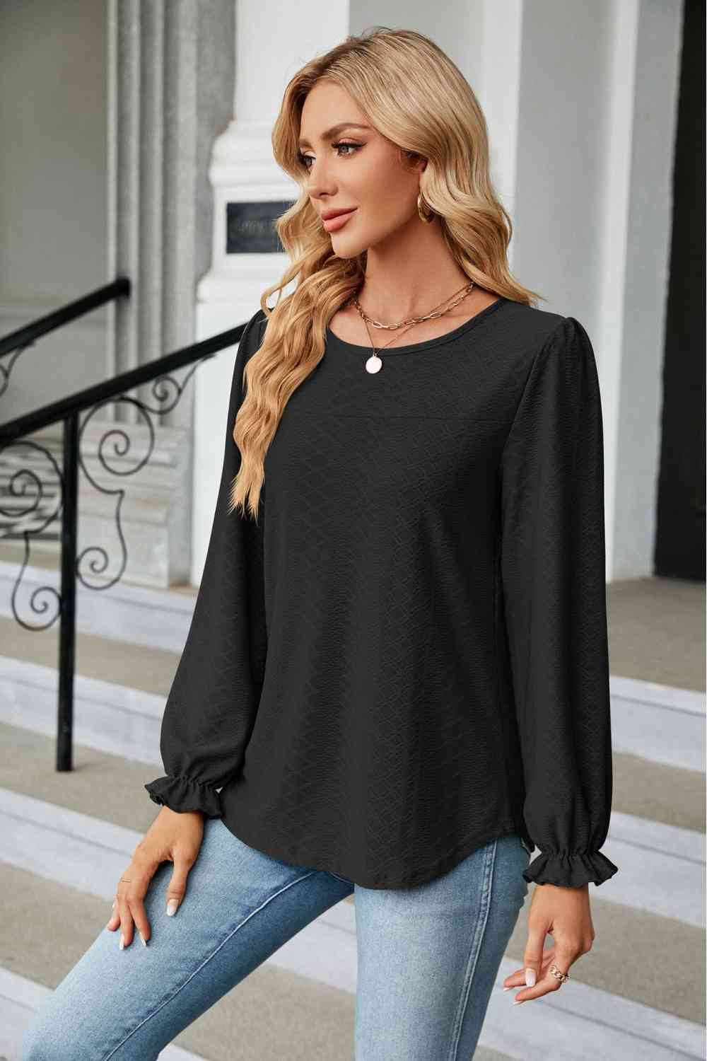 Round Neck Flounce Sleeve Blouse