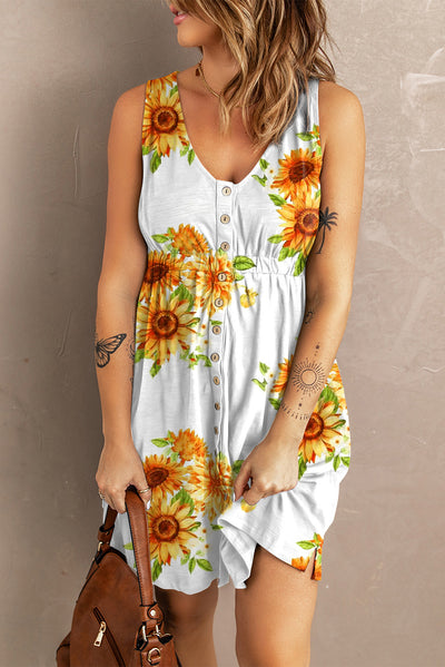 Sunflower Print Button Down Sleeveless Dress Trends
