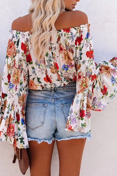 Printed Off Shoulder Flare Sleeve Blouse