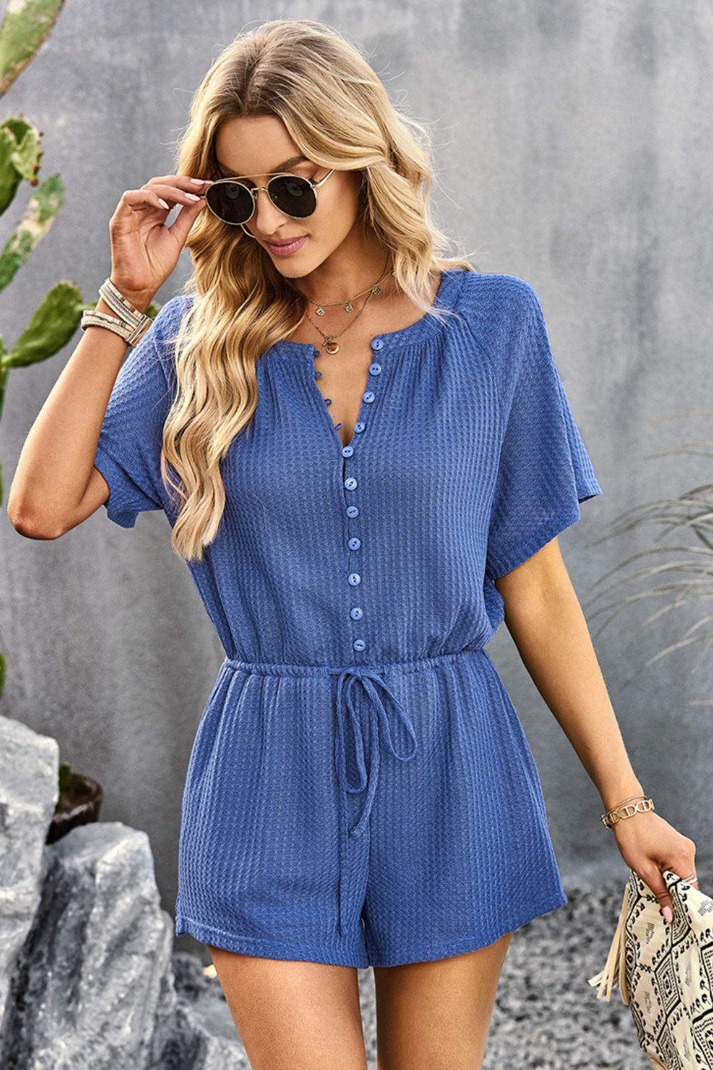 Waffle-Knit Drawstring Waist Romper