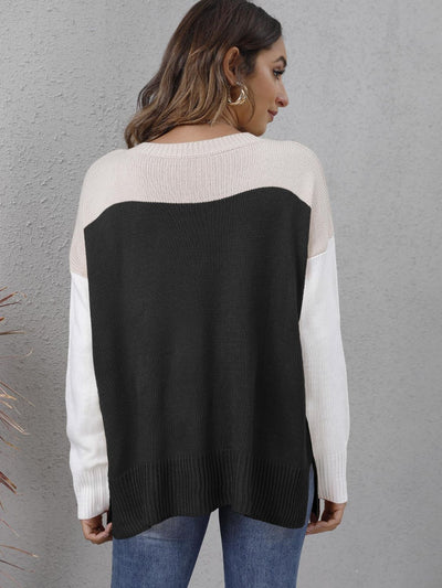 Color Block Round Neck Dropped Shoulder Sweater