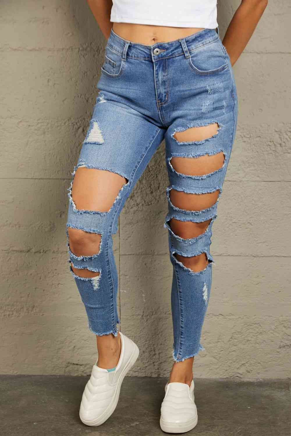 Baeful Distressed Raw Hem Skinny Jeans