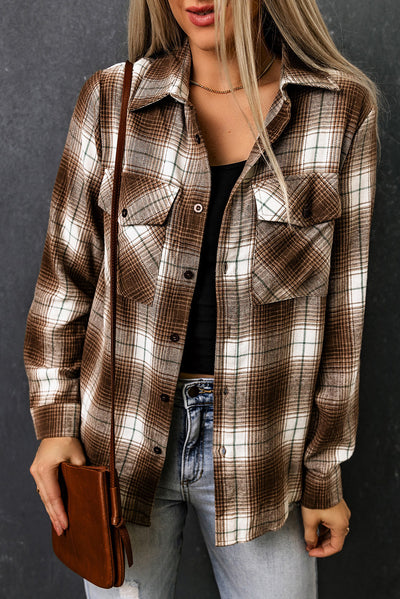 Double Take Plaid Collared Neck Long Sleeve Shirt