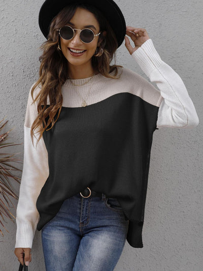 Color Block Round Neck Dropped Shoulder Sweater