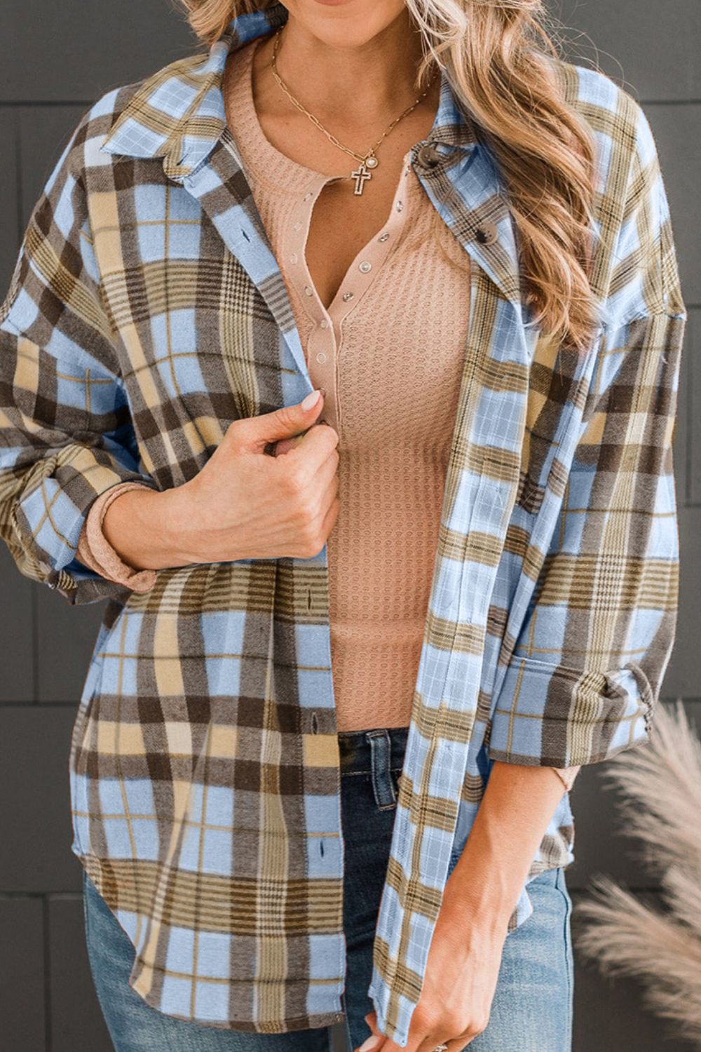 Plaid Collared Neck Long Sleeve Button-Up Shirt