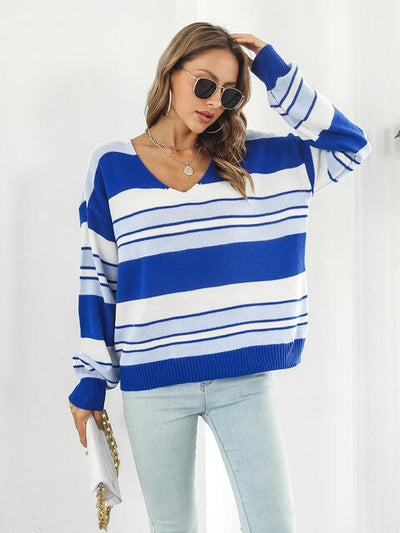 Striped V-Neck Long Sleeve Knit Top