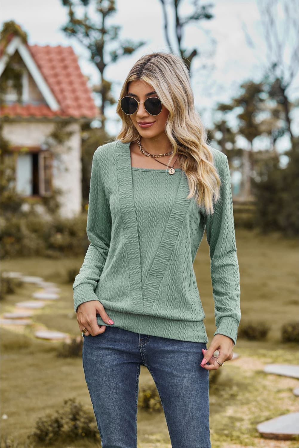 Square Neck Long Sleeve Blouse