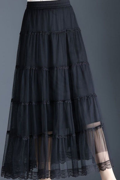 Smocked Lace Trim Midi Skirt