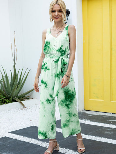 Tie-Dye Tie Waist Sleeveless Jumpsuit