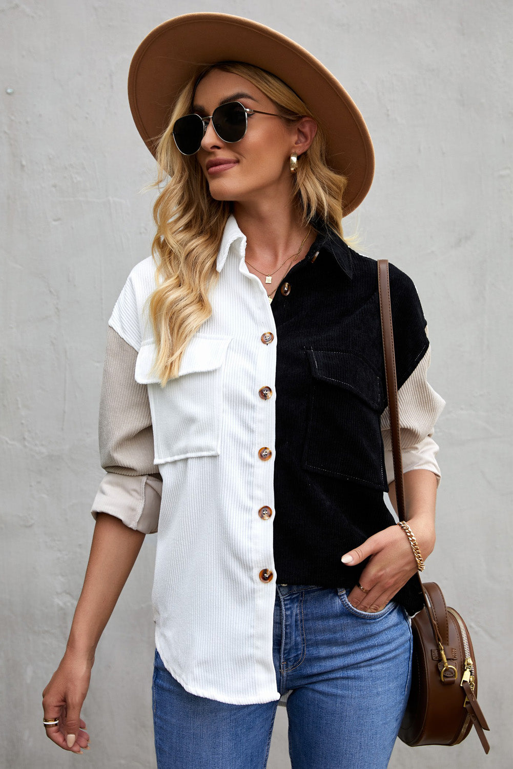 Color Block Button Front Shirt with Pockets