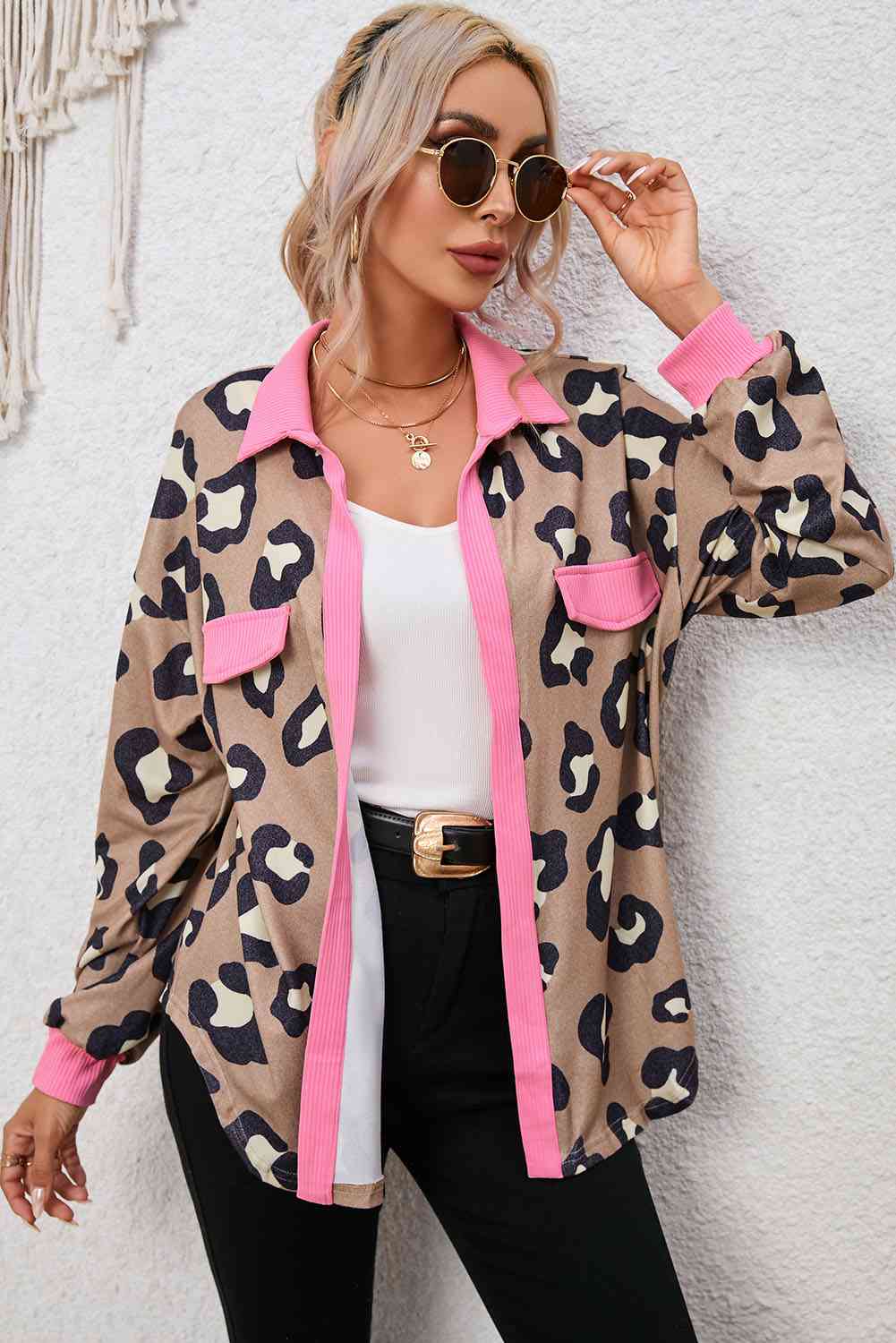 Leopard Collared Drop Shoulder Jacket