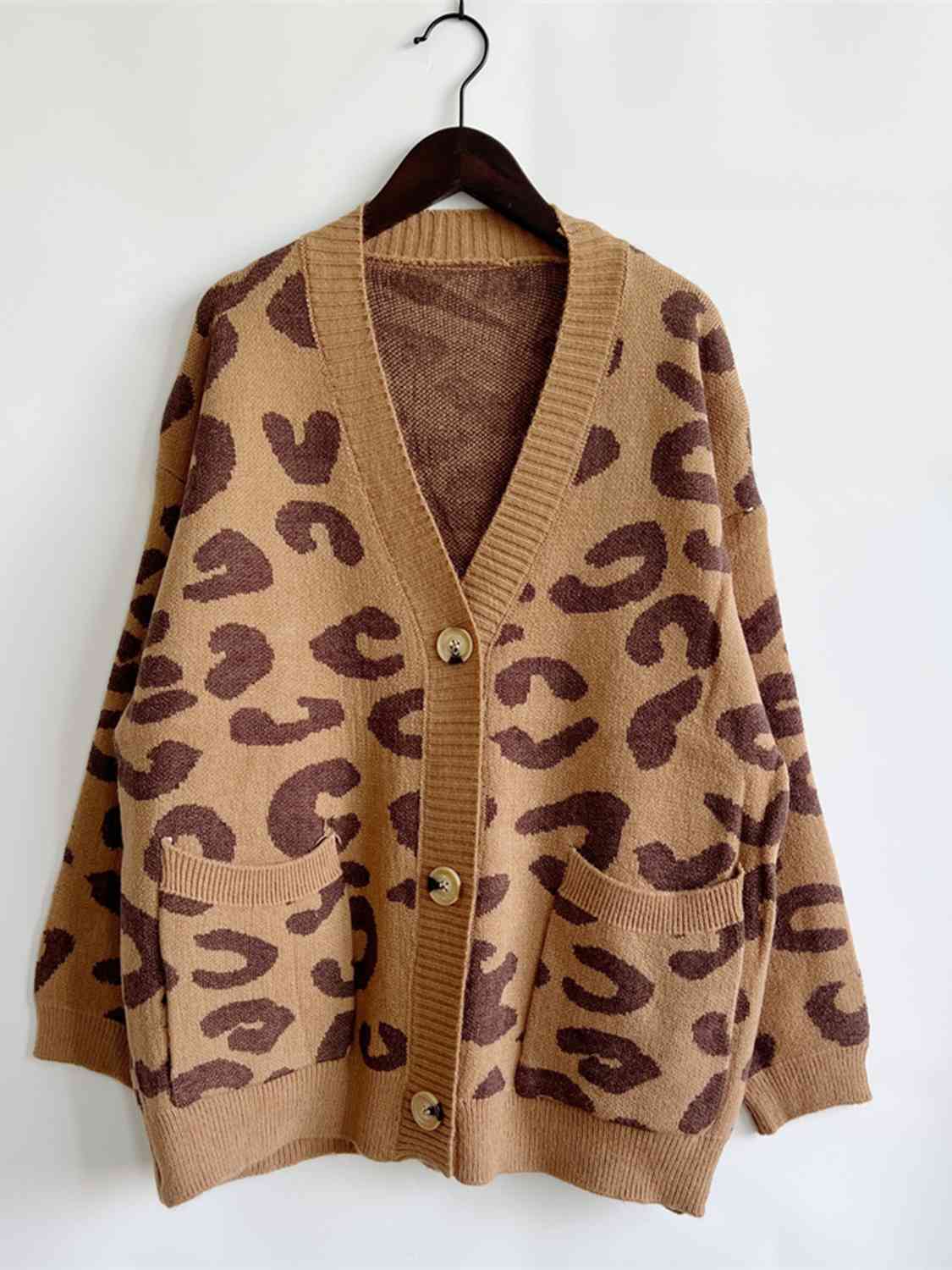 Leopard Button Front Cardigan with Pockets
