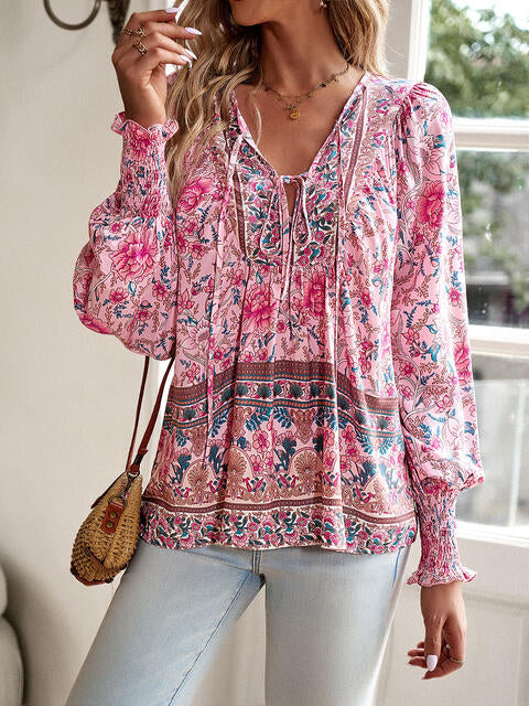 Bohemian Tie Neck Lantern Sleeve Blouse