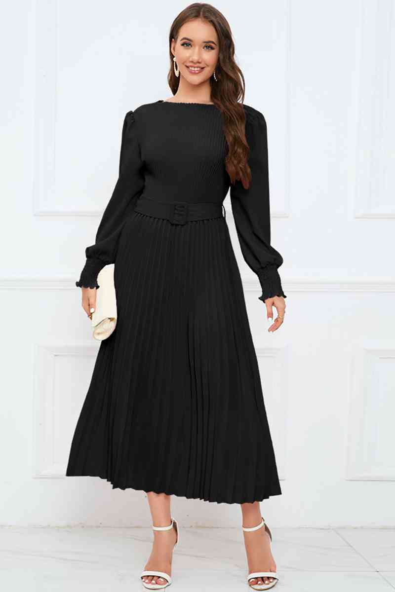 Round Neck Flounce Sleeve Pleated Dress