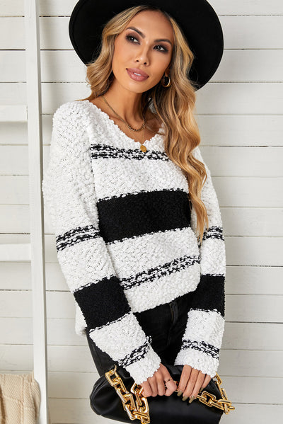 Striped V-Neck Popcorn Knit Sweater