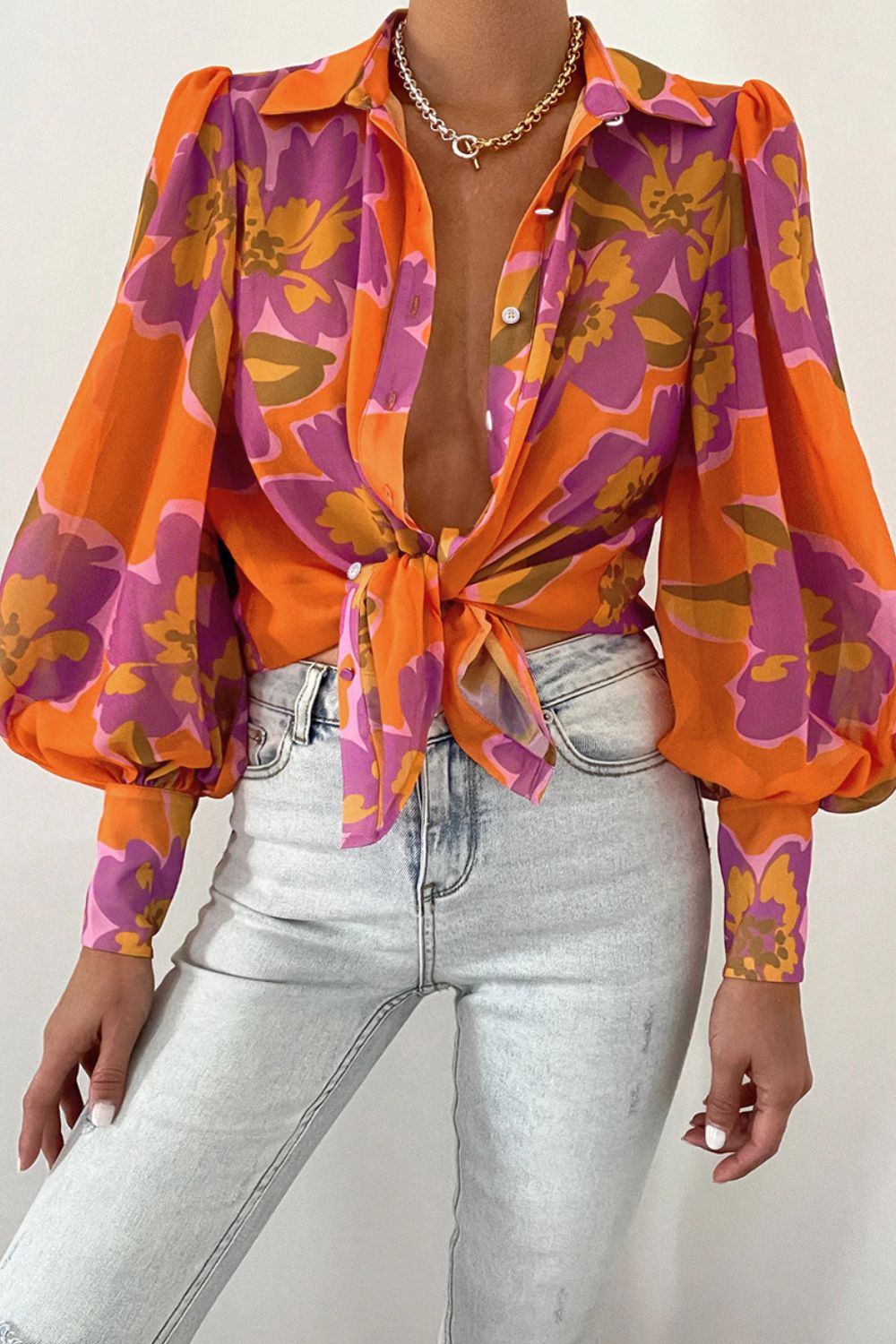 Double Take Flower Print Collared Neck Lantern Sleeve Shirt