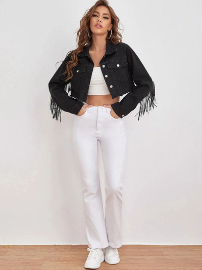 Fringe Detail Collared Neck Cropped Denim Jacket