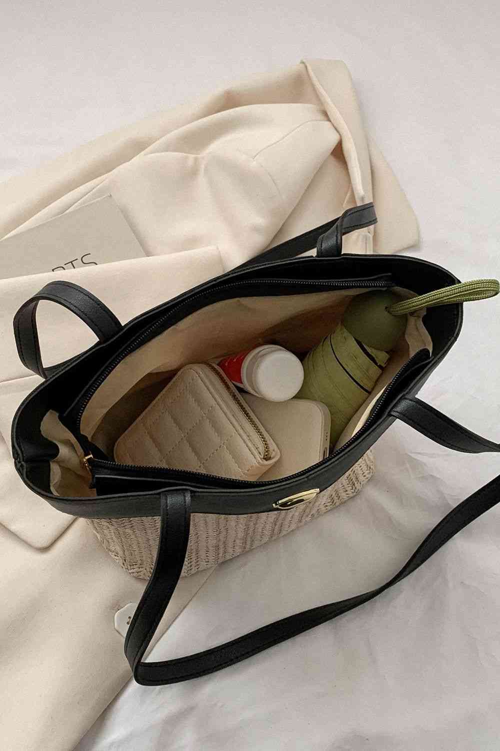 Two-Tone Straw PU Tote Bag