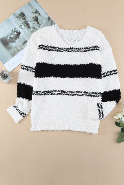 Striped V-Neck Popcorn Knit Sweater