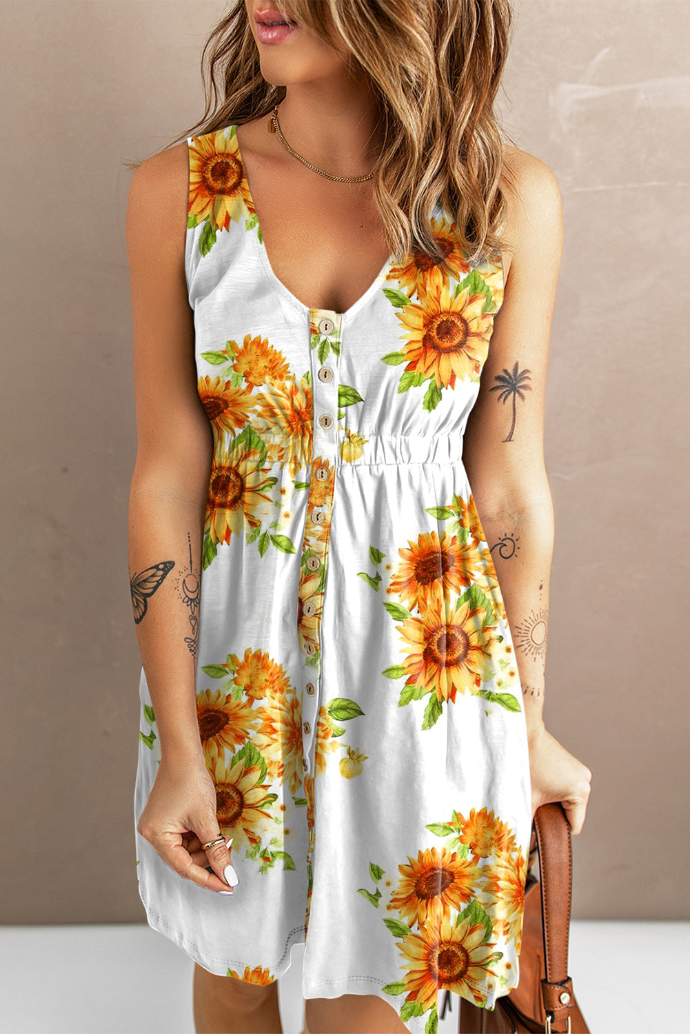 Sunflower Print Button Down Sleeveless Dress Trends