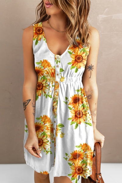 Sunflower Print Button Down Sleeveless Dress Trends