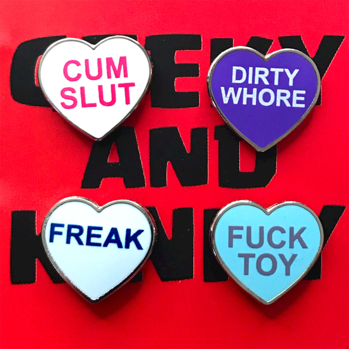 Geeky & Kinky Heart Pin 4pk (Dirty Whore -Fuck Toy - Freak - Cum Slut)