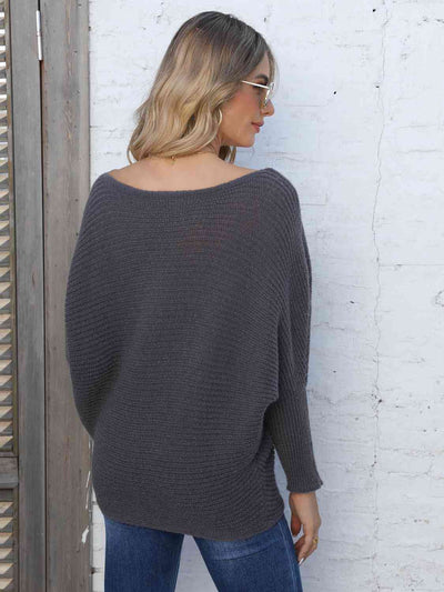 Full Size Horizontal Ribbing Dolman Sleeve Sweater