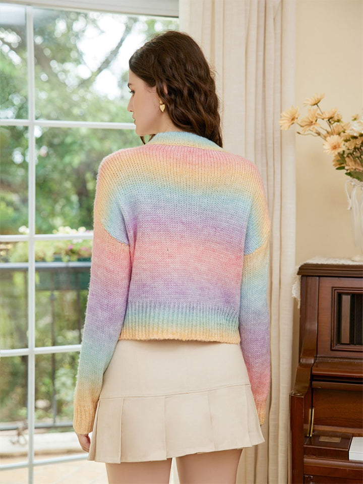 Rainbow Color Cable-Knit Dropped Shoulder Knit Top