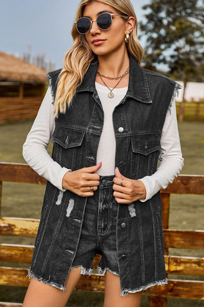 Sleeveless Button-Up Collared Denim Top with Pockets