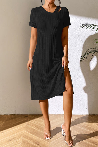 Ribbed Asymmetrical Neck Short Sleeve Dress