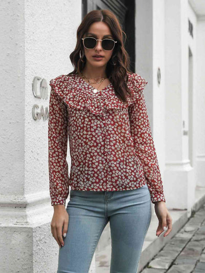 Printed Statement Collar Long Sleeve Blouse