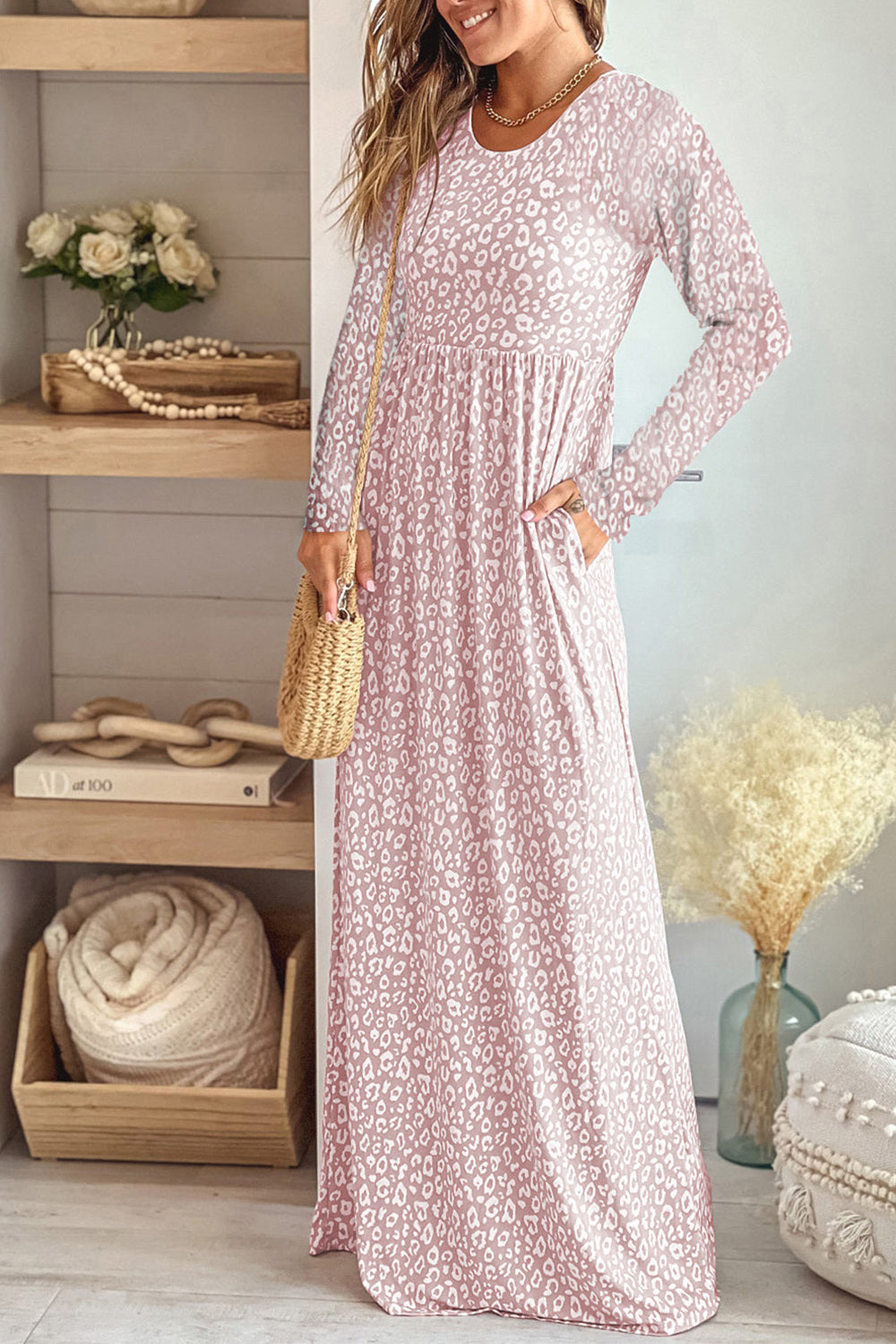 Leopard Round Neck Long Sleeve Maxi Dress