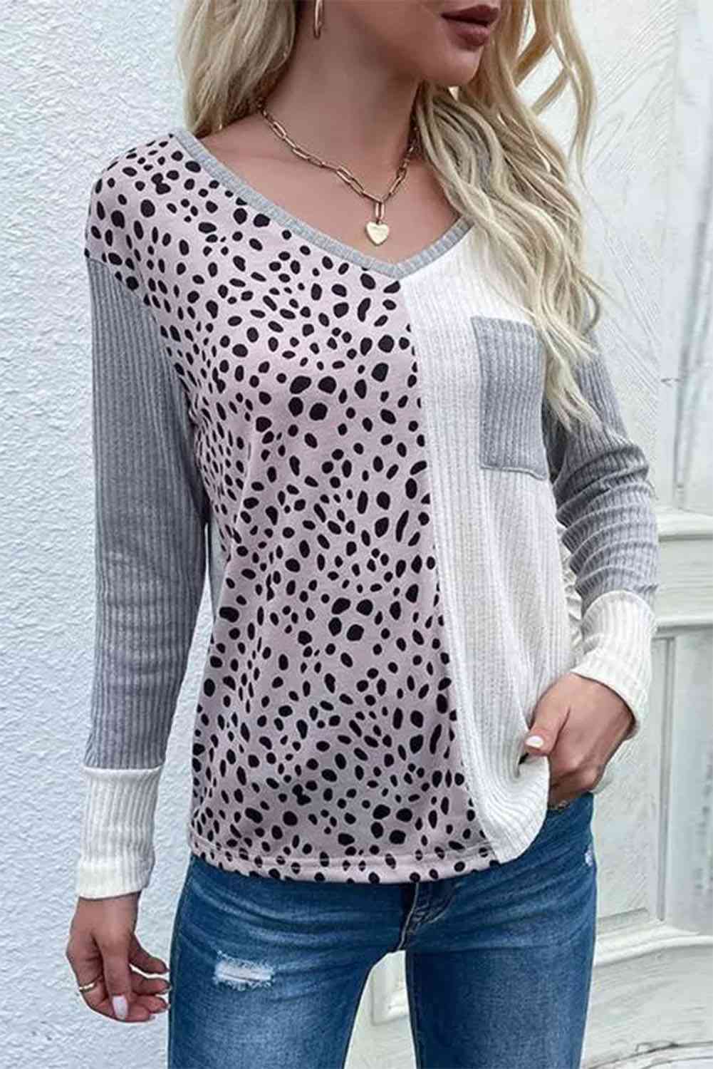 Color Block V-Neck Ribbed Top with Pocket