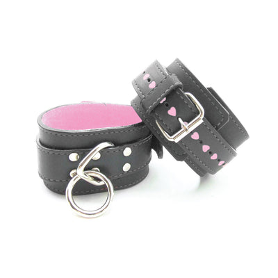 Sex Kitten Wrist Cuffs Black Leather w/ Pink Fur